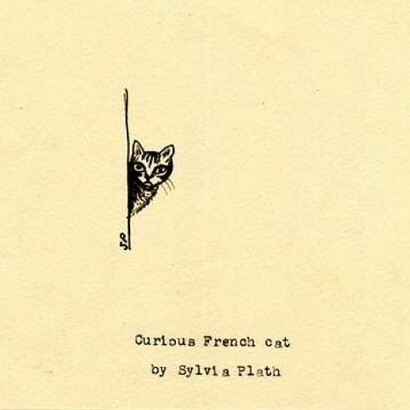 "Curioso gatto francese". Sylvia Plath, disegno a penna su carta colorata, esposto per la prima volta alla mostra "Sylvia Plath" alla Mayor Gallery di Londra del 2011