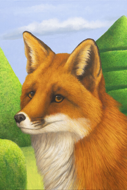 Tom Palmore, Red fox in a topiary garden (detail), 2026. Courtesy of LewAllen Galleries