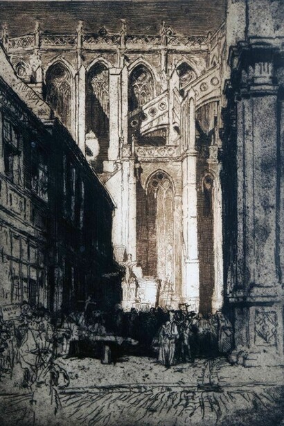 Church of St Walburgh, Furnes, etching on zinc, 1908, copyright of The Estate of Frank Brangwyn