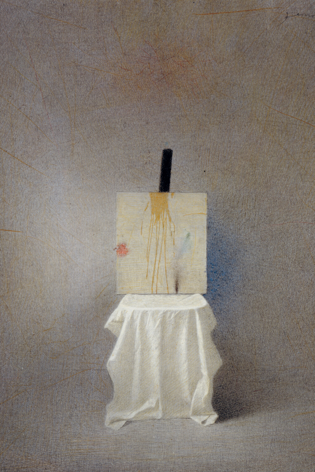 Gianfranco Ferroni, Sedia e cavalletto, 1993, tecnica mista su cartoncino, 36,6 x 29,2 cm, collezione privata 