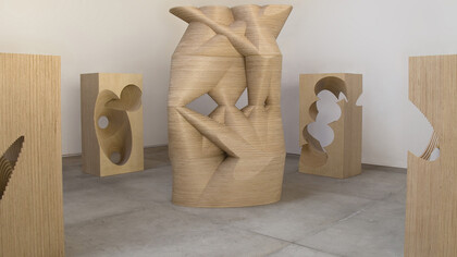 Nigel Hall - Here and Now, There and Then (floor mounted), 2016. Birch plywood, centre column 212cm high, blocks 146.5 cm high
