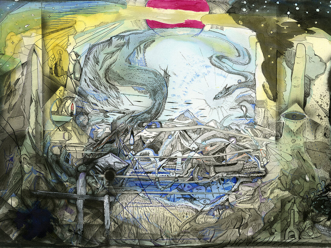 Max Razdow, The Cartographers, 2013, Pen and ink on paper, 15 x 22 inches