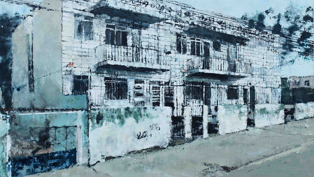 Philippe Cognée, Maison à Brazilia, 2013, Peinture à la cire sur toile, 153 x 225 cm / 60 1/4 x 88 5/8 in. Courtesy Galerie Daniel Templon, Paris & Brussels