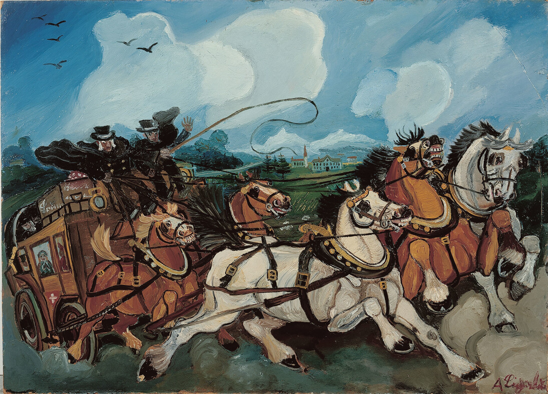 Antonio Ligabue, Diligenza con paesaggio e villa di Casanova Rambelli, olio su tavola di faesite, 1953-1954, 68 x 95 cm