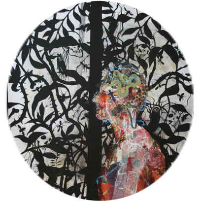 Priyantha Udagedara, Adam (2012) Acrylic, Charcoal and Collage on Board, 75 cm (Diameter)