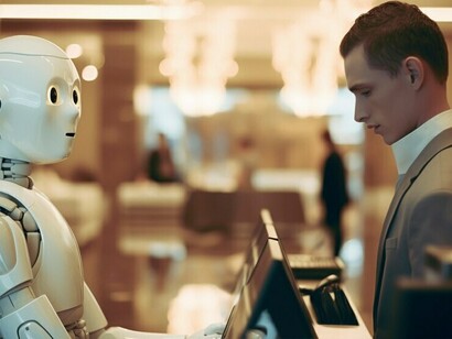 An anthropomorphic robot performing everyday human tasks, highlighting AI integration in the workplace, human-AI collaboration, and the future of automation across industries