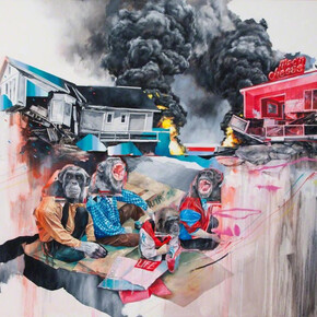 Joram Roukes, Jockey Picnic 2014, oil on linen, 72 x 120 inches, 182.9 x 304.8 cm