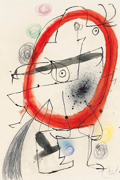Joan Miró, Personnage, oiseaux, 1971-1976, Watercolor, color crayon, brush and india ink on paper, 24,8 x 16,5 in.