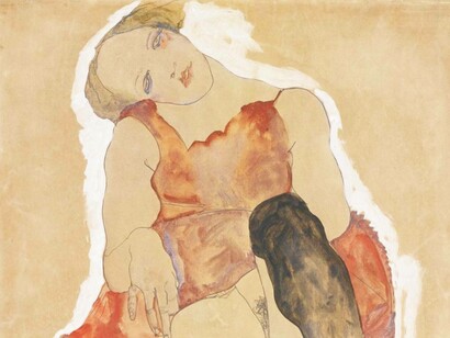 Egon Schiele, Girl In Red Robe And Black Stockings (1911)