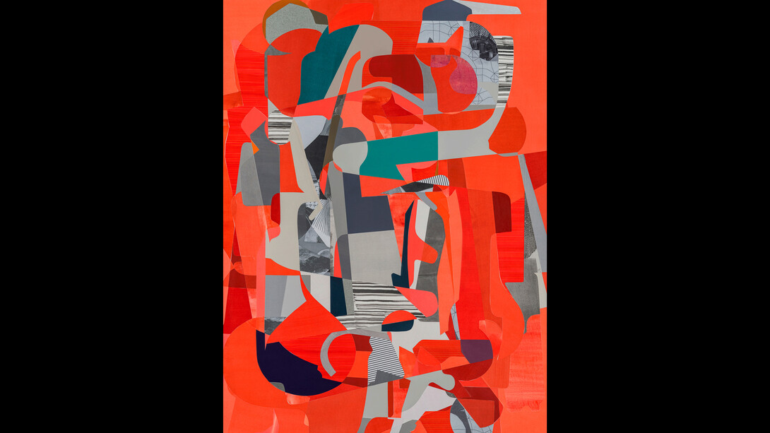 Aaron Wexler, Bubblegum Bonfire, 2021, Paint, painted paper, print material collaged/adhered to panel,
40 x 30 inches