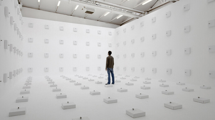 Zimoun, 605 prepared dc-motors, cardboard boxes. Courtesy of Galleria Civica di Modena