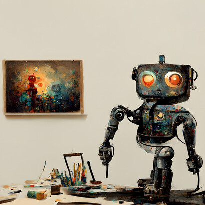 Imagen generada con IA que muestra un robot antropomórfico haciendo arte