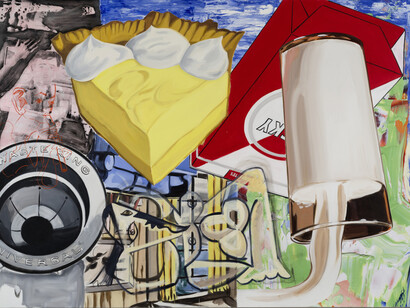 David Salle, Yellow Fellow, 2015, Oil, acrylic, silkscreen and pigment print on linen, 78 x 108 inches, 198.1 x 274.3 cm. © David Salle. Courtesy Skarstedt, New York.