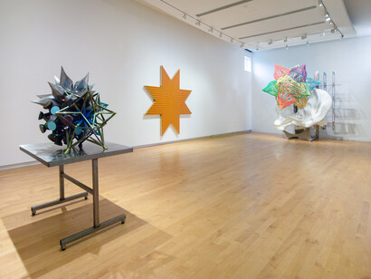Frank Stella, installation view, left to right: K.159, 2013; Port Tampa City, 1963, Courtesy of the artist and Mnuchin Gallery, New York; Nessus and Dejanira, 2017, All Courtesy of the artist and Marianne Boesky Gallery, New York and Aspen unless otherwise noted © 2020 Frank Stella/Artists Rights Society (ARS), New York, ph. Jason Mandella