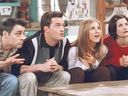 Image from the tv series "Friends"; from left the characters: Chandler, Joey, Rachel and Monica