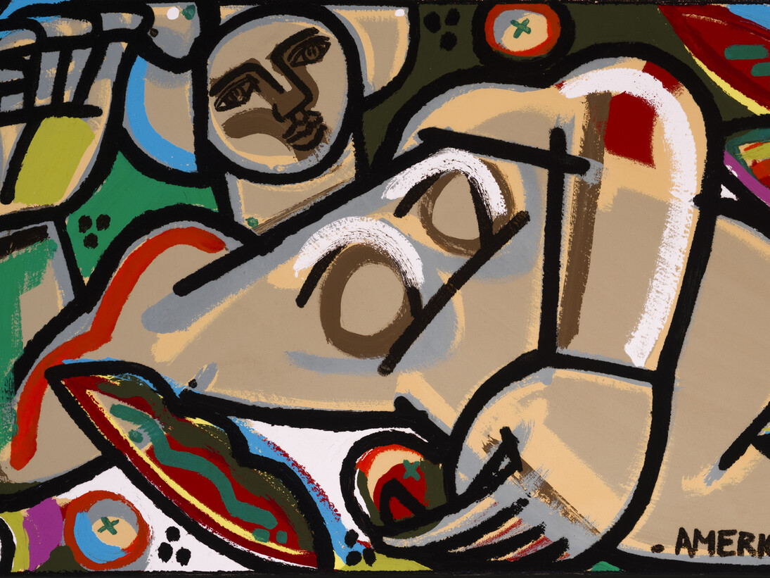 America Martin, Woman, Leaves and Stone Fruit 
Oil and Acrylic on Canvas
32" x 72"
