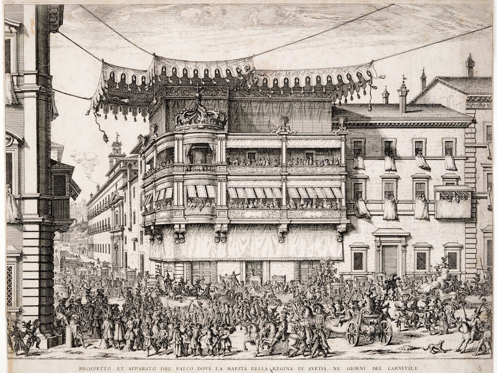 Giovan Battista Falda, Palco allestito per la Cristina di Svezia in occasione del Carnevale, 1656, acquaforte, 385 x 475 mm, Roma, Museo di Roma, inv. GS 96