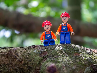 A dupla de Playmobil ganha vida sobre o tronco da árvore em um registro repleto de criatividade. Com poucos elementos e um olhar atento, Maria Moysés provou que grandes narrativas também podem acontecer em miniatura