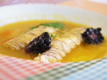 Michele Biagiola. Zuppa di pannocchie, pomodori gialli, more e foglie di senape