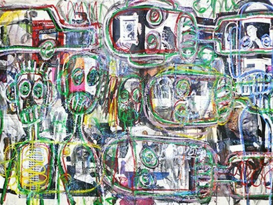 Aboudia, Abidjan Green Dreams (detail), 47x92 in., 2014