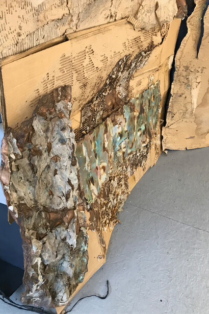 Paper/Mixed media.
Papel tratado con recubrimiento de laca (natural o de soja crudo u otro conservante) 