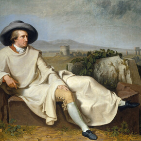 Johann Heinrich Wilhelm Tischbein, 1751 – 1829. Goethe in the Roman Campagna, 1787. 164 x 206cm. On loan from the Städel Museum, Frankfurt am Main. © U. Edelmann - Städel Museum – Artothek. Gutenberg Bible: The opening page of the second volume, Parabole or Proverbs of the Gutenberg Bible. Mainz,1455. © British Library Board