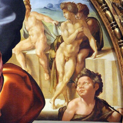 Michelangelo, "Tondo Doni", 1505-07, dettaglio del gruppo a destra della Sacra Famiglia, Galleria degli Uffizi, Firenze, Italia