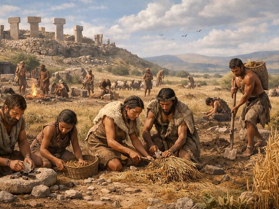 A reconstruction of life near Göbeklitepe 10,000 years ago, showing early communities cooperating with stone tools during the transition toward agriculture