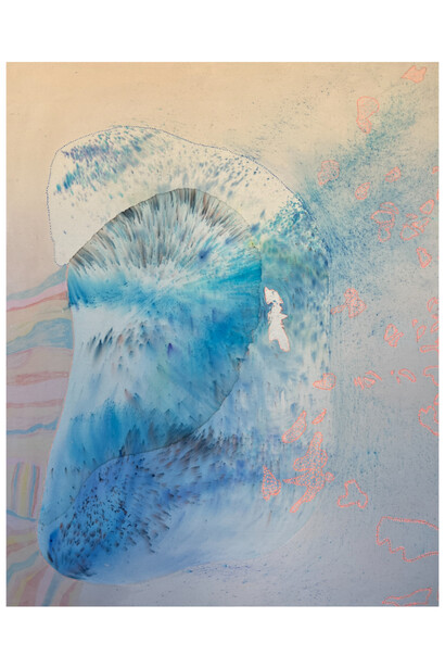 Kelsey Overstreet, A Seed Doesn’t Grow Without A Cloud, acrylic, pigment, and embroidery on raw canvas, 58x46 inches. Courtesy the artist and Gallery Lulo
