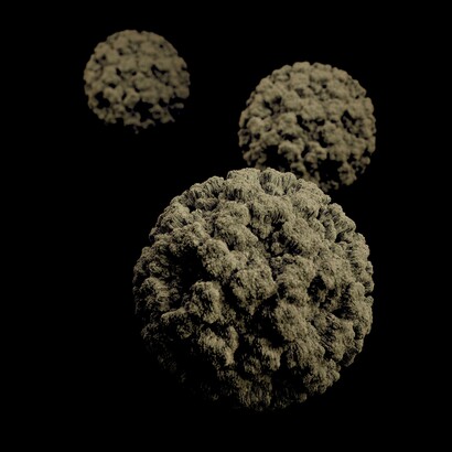 Representación gráfica tridimensional de varios viriones de norovirus