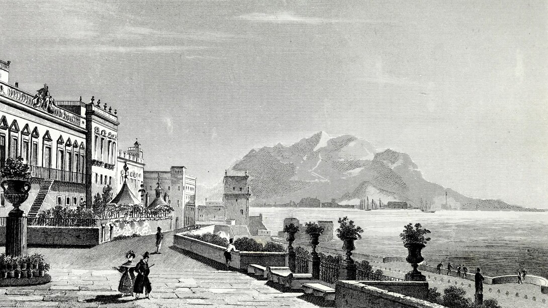 Palermo e Palazzo Butera in una acquaforte del 1834 di Aubert in "L'Italie : la Sicile, les Iles Éoliennes, l'Ile d'Elbe, la Sardaigne, Malte, l'Ile de Calypso, etc.", AA. VV. 
