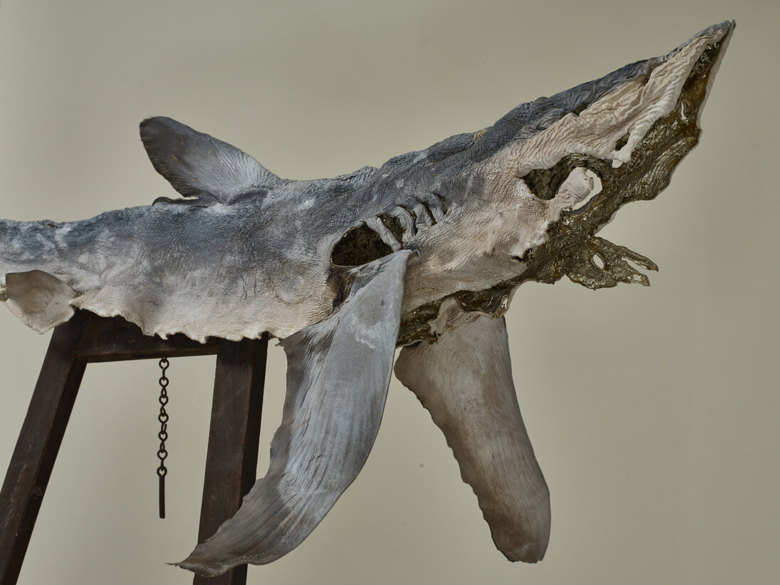 Buoy [Detail], 2014. Blue shark skin, white gold leaf, antique easel, Italian alabaster 180 x 130 x 80 cm. Courtesy the artist and Frith Street Gallery, London. Photography by Steve White