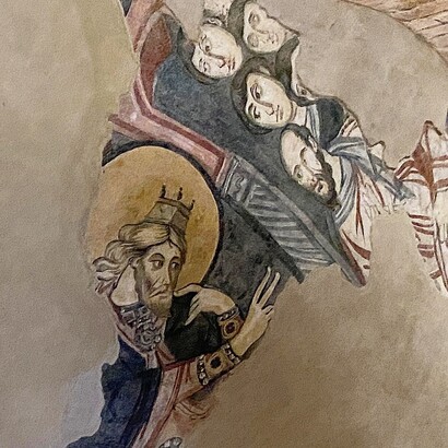 Chiesa di Santa Sofia, affresco di San Zaccaria che comunica ai fedeli di aver perso la parola, particolare. Benevento, Italia