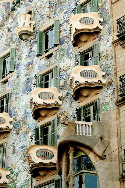 Barcelona, Spain, a close-up of Casa Batlló’s façade, redesigned by Antoni Gaudí in 1904, celebrated as one of his most iconic architectural masterpieces