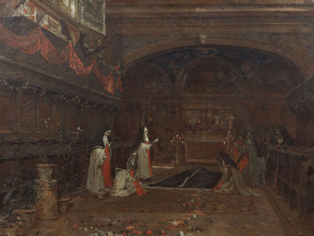 Leonardo Bazzaro , Vestizione di una monaca, olio su tela, 96 x 145 cm, Milano, Galleria d'Arte Moderna. Courtesy of Serrone della Villa Reale di Monza