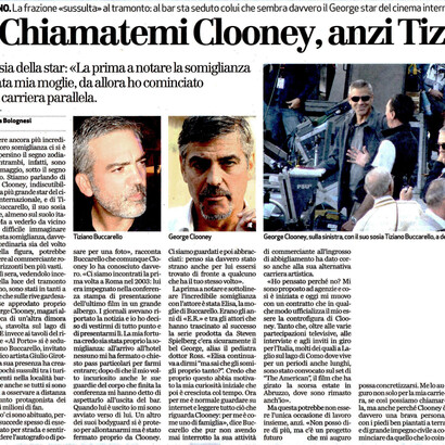 Italian newspaper feature comparing Tiziano Buccarello with George Clooney, highlighting the striking resemblance that led to Buccarello’s long-standing recognition as the actor’s Italian lookalike