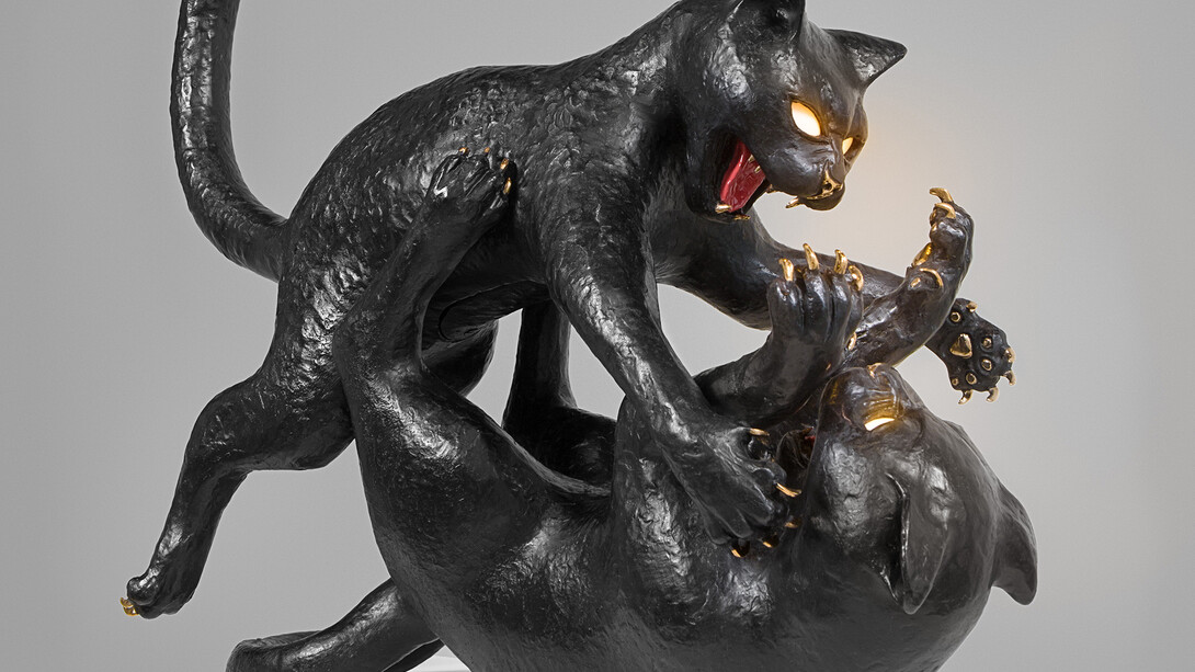Studio Job | Cat Fight, 2014, polished patinated bronze, hand blown glass, hand painting, led light fittings, limited edition of 8 + 3 ap, h65 l80 w40 cm / h25.6 l31.5 w15.7 in, Courtesy Carpenters Workshop Gallery