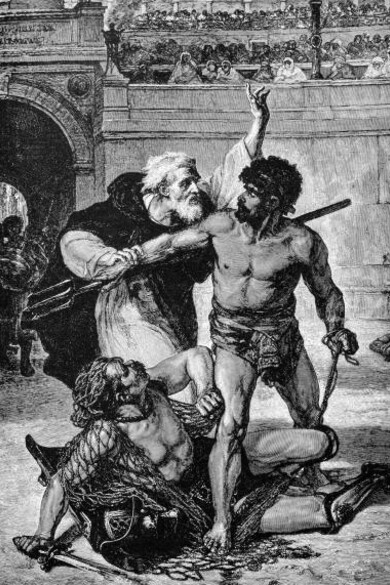 Antique illustration depicting a final gladiatorial combat between notable figures of the past