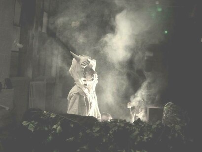 The Gravedigger- Surreal imagery in the devised piece Rocinante! Rocinnate! by Panta Rei Theatre directed by Chiara D'Anna. Site-specific performance at the CLF Art Café in London