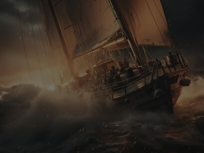 A pirate vessel navigating turbulent waters amidst a storm at sea