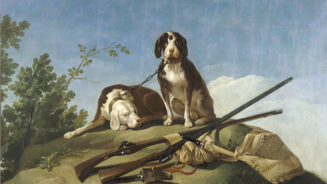Perros en traílla, Francisco de Goya, Óleo sobre lienzo, 112 x 174 cm, 1775, Madrid, Museo Nacional del Prado