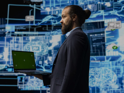 Young entrepreneur working on implementing an AI brain system for deep learning