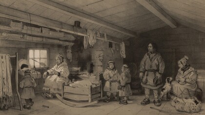 Una famiglia Sami. Illustrazione tratta dal libro “Voyages de la Commission scientifique du Nord, en Scandinavie, en Laponie, au Spitzberg et aux Feröe” di autore sconosciuto e pubblicato da Arthus Bertrand, Parigi