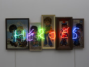 Claude Lévêque (1953-), Heroes, 2014, Canevas encadrés, néon multicolore, 61,5 x 135,5 x 8,5 cm, Pièce unique 