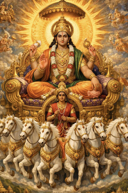 The majestic Surya Dev rides a golden chariot drawn by seven horses, holding lotuses as he radiates powerful solar energy and divine blessings