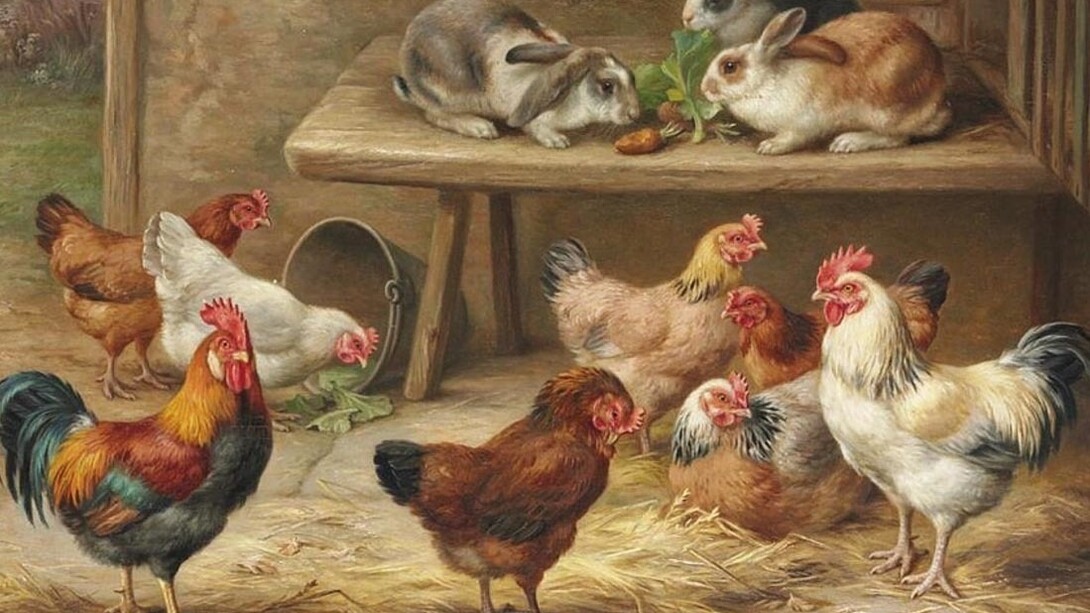 Edgar Hunt. Coelhos e galinhas. 1904