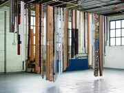 Shane Bradford,Large Chime, 2.2m (variable) x 4.45m, Mixed media (inc. steel, wood, copper, resin, fluorescent lighting strip, spray paint), 2013-14