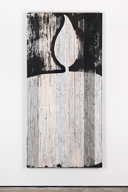 Gregor Hildebrandt, Weiße Kerze (Orpheus und Eurydike (Gluck)), 2015, cassette tape and acrylic paint on canvas, 211 x 103 cm