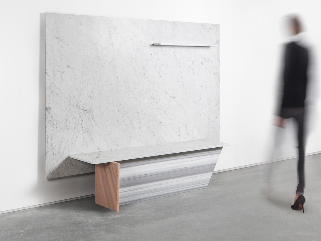 Robert Stadler, Cut_Paste #4A + #4B, 2013, marble, aluminium. Cut_Paste #4A : h150 l220 w11 cm / h59 l86.6 w4.3 in,
Cut_Paste #4B : h42.5 l170 w40 cm / h16.7 l67 w15.7 in, limited edition of 8 + 4 ap, Courtesy Carpenters Workshop Gallery 
