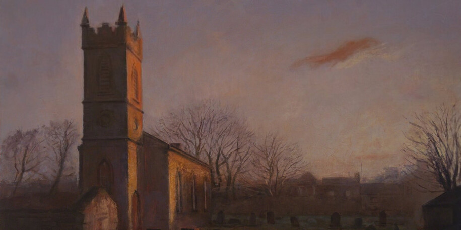 Maeve McCarthy: The Protestant Church, Winter, 2017 Tempera and oil on gesso panel, 22” x 24”. Courtesy of J. Cacciola Gallery W and the artist. 
